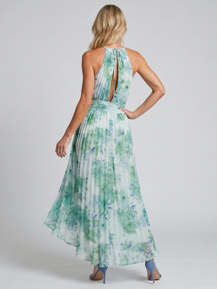 Vestido midi plisado Portia con cuello halter y estampado floral suave