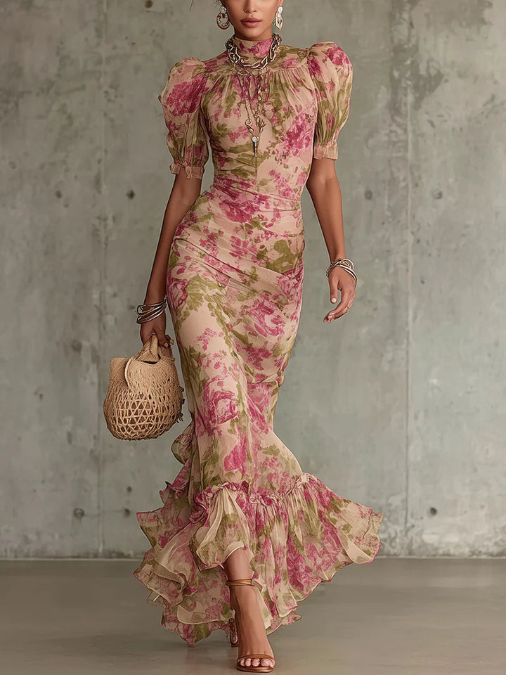 Jill - Vestido maxi de manga abullonada con estampado de rosas vintage, elegante