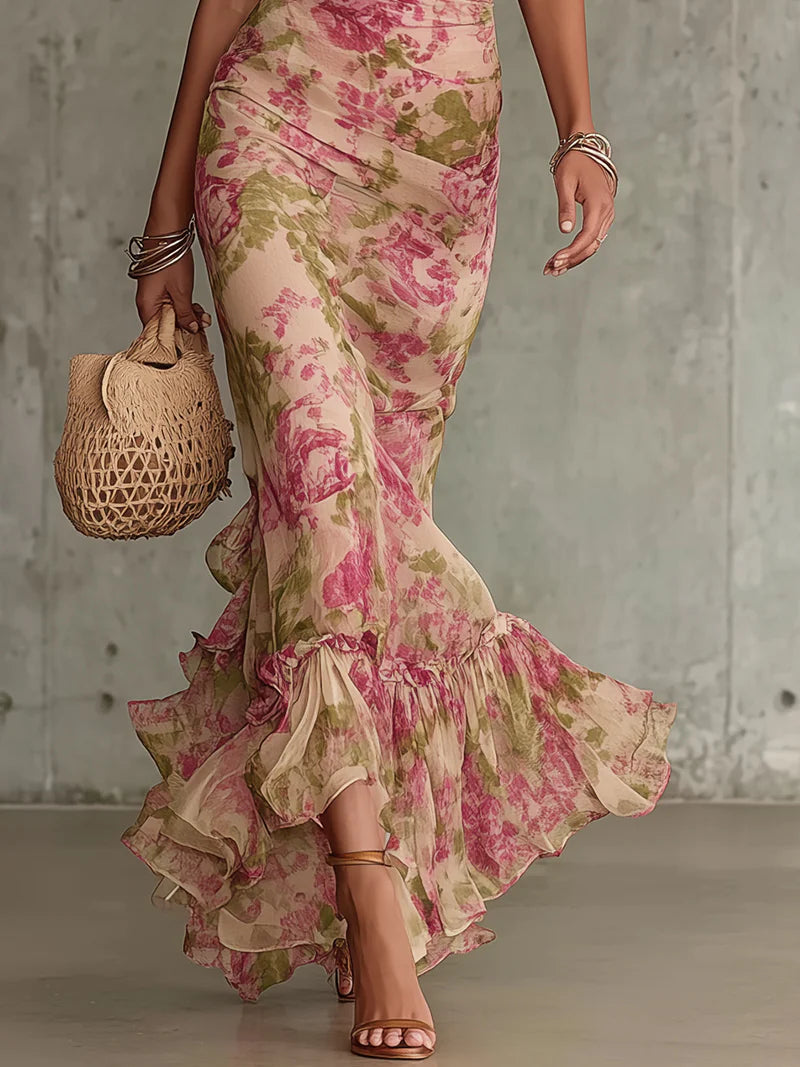 Jill - Vestido maxi de manga abullonada con estampado de rosas vintage, elegante