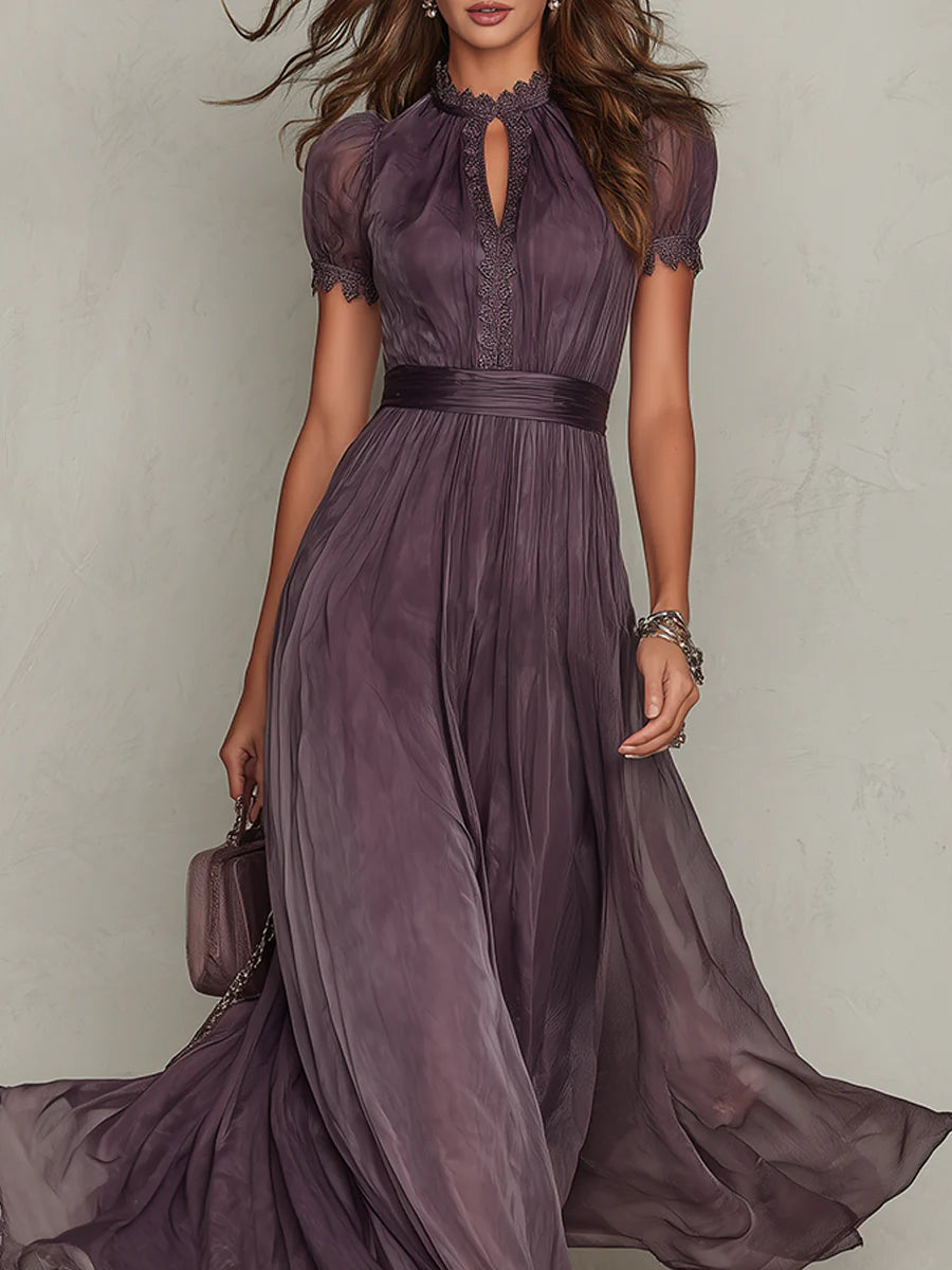 Flavia - Vestido largo morado con escote en lágrima y borde de encaje de chiffon