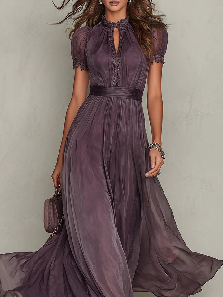 Flavia - Vestido largo morado con escote en lágrima y borde de encaje de chiffon