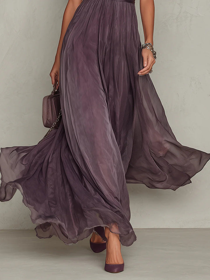 Flavia - Vestido largo morado con escote en lágrima y borde de encaje de chiffon