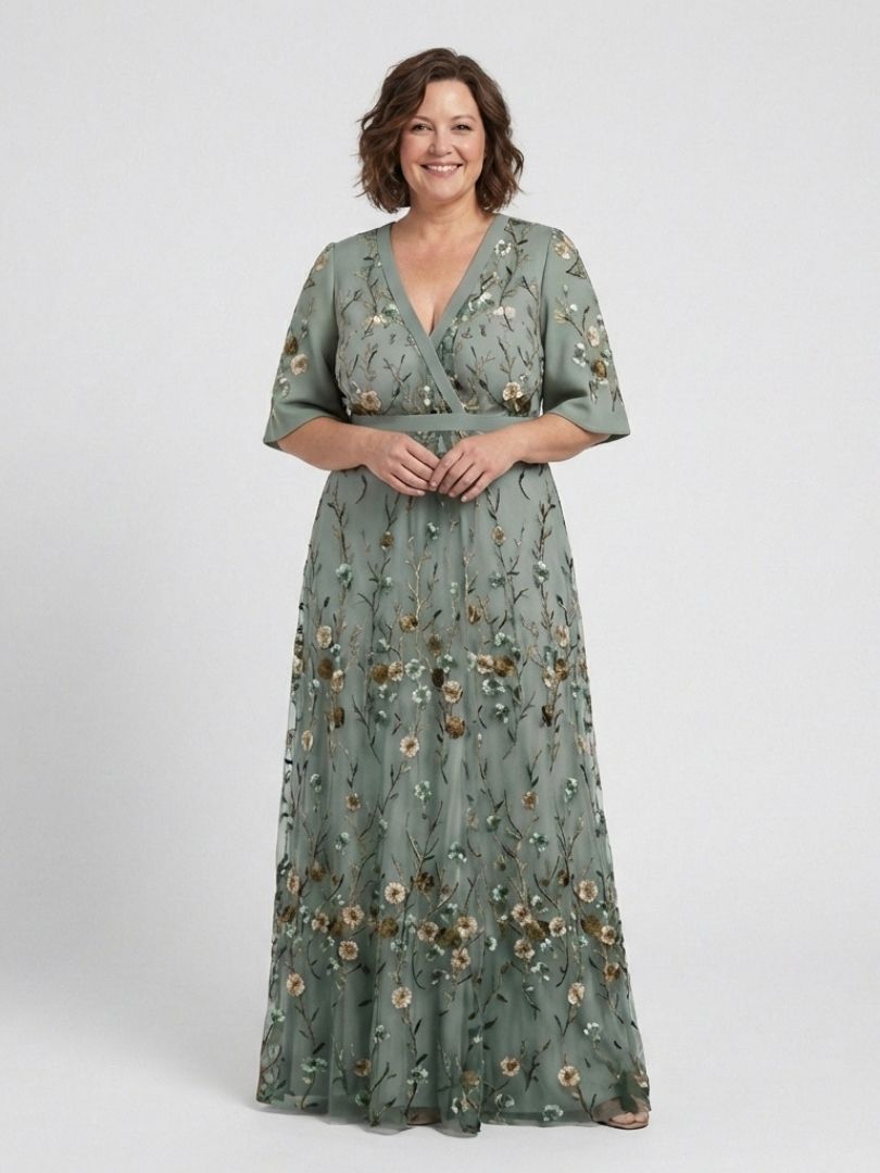 Evade | Vestido Maxi Floral de Manga Corta con Escote en V