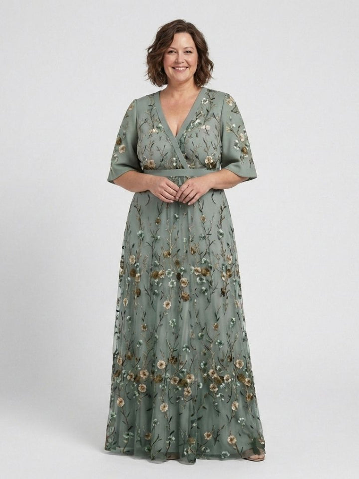 Evade | Vestido Maxi Floral de Manga Corta con Escote en V