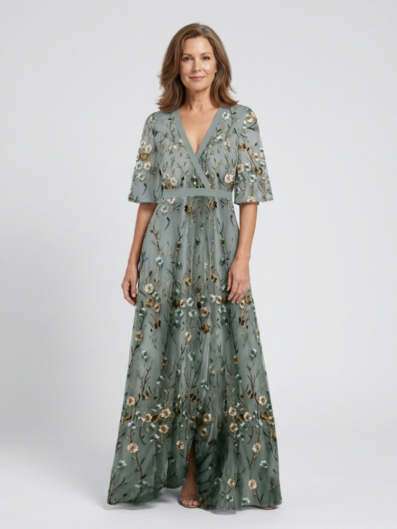 Evade | Vestido Maxi Floral de Manga Corta con Escote en V