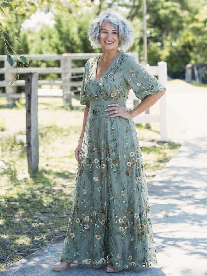Evade | Vestido Maxi Floral de Manga Corta con Escote en V