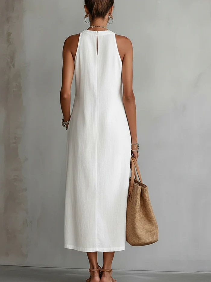 Jimena |  Vestido midi de lino con cuello mao