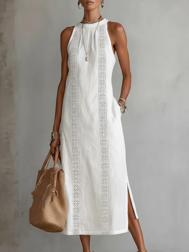 Jimena |  Vestido midi de lino con cuello mao