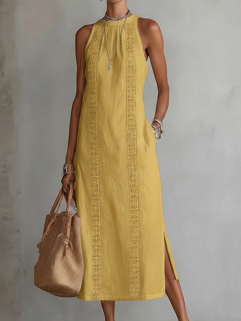 Jimena |  Vestido midi de lino con cuello mao